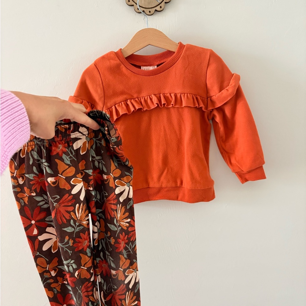 Orange Kids Matching Set with Floral Pants